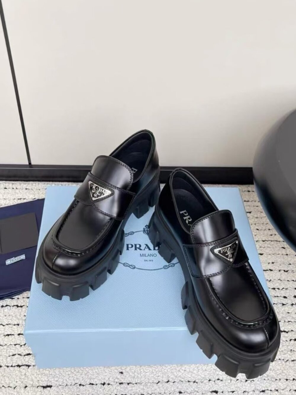 Prada Triangle Logo Black Platform Loafers